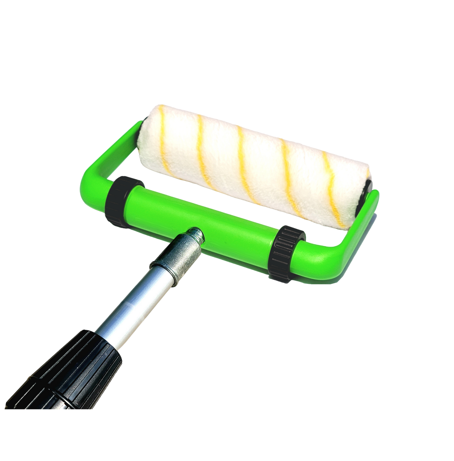 Green paint roller frame with extension pole and white roller cover on black background