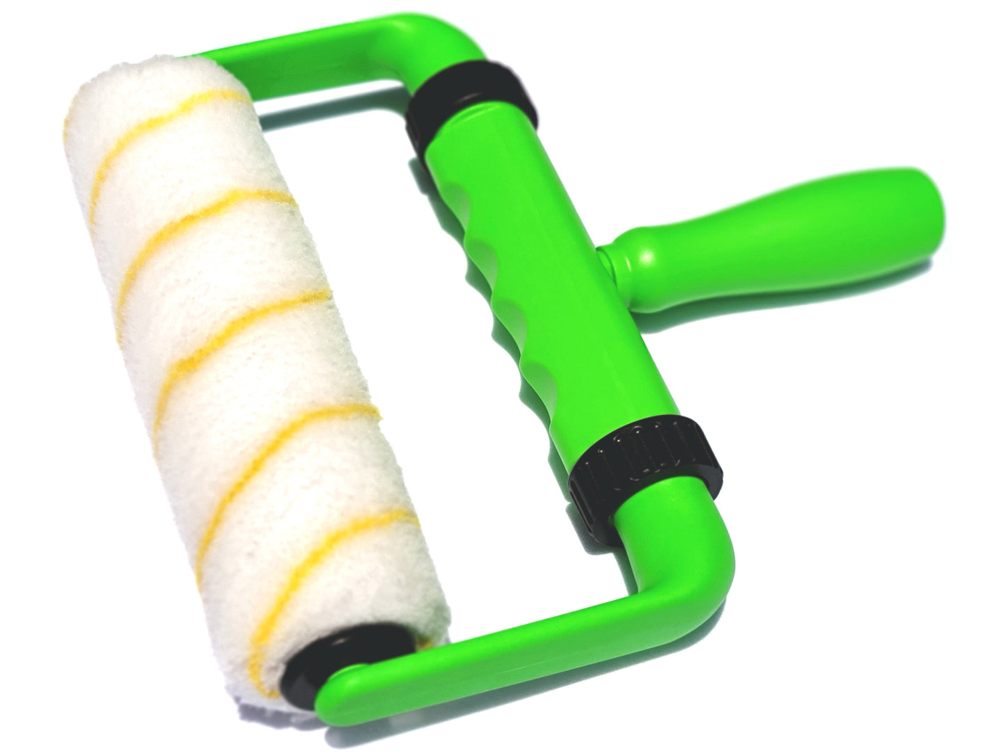A photo showing the entire BetterGrip Paint Roller, with the roller cover and extension handle attached.  You can also see the finger grooves on the bottom of the main handle.