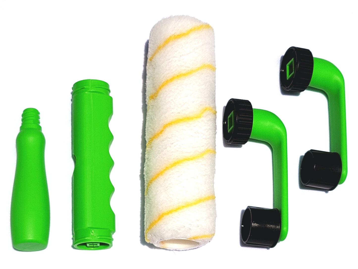 Photo of all components included in the BetterGrip Paint Roller kit, including the main handle, extension handle, 2 arms and a roller cover.