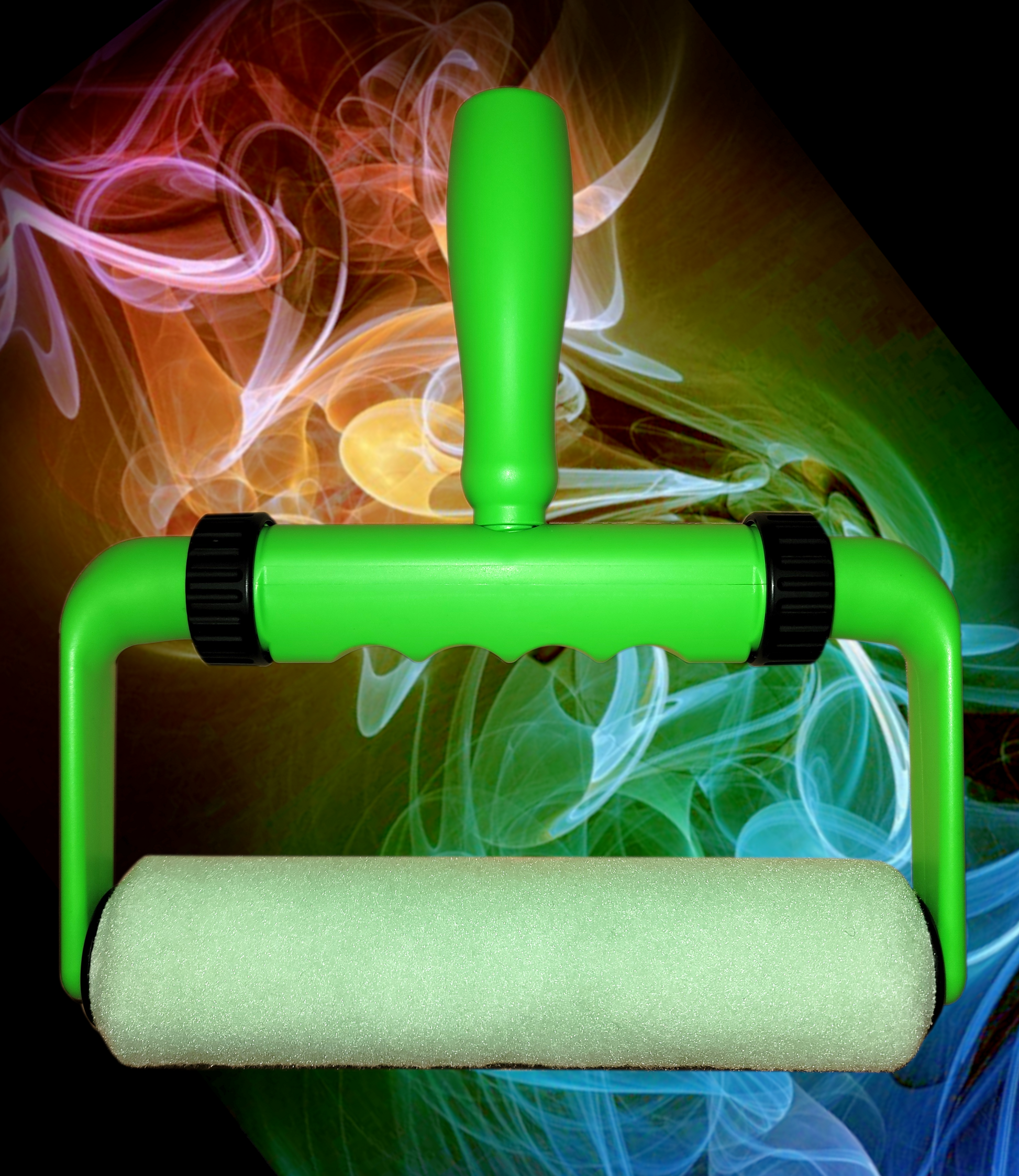 Artistic view of the BetterGrip Paint Roller, with colorful smoke in background.