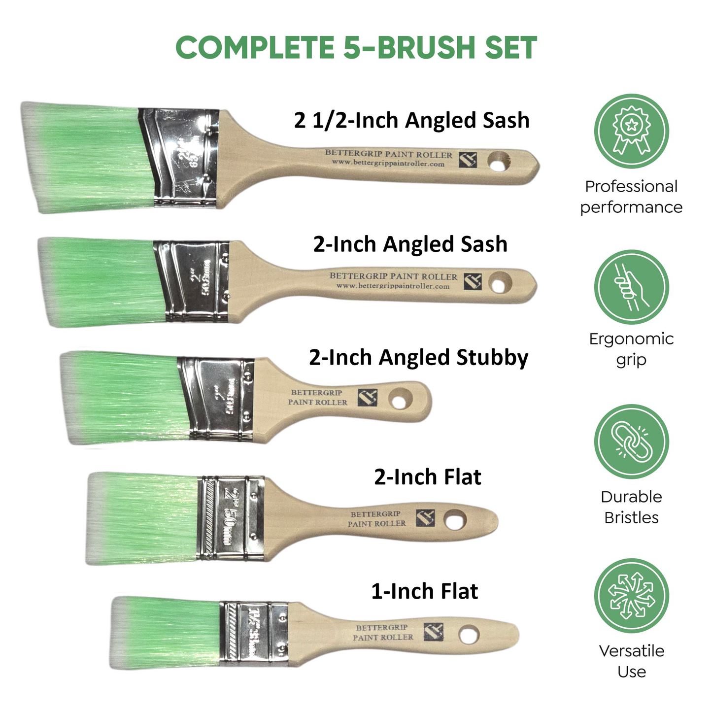 5-Piece Paint Brush Set – Angled & Flat Brushes with Durable Synthetic Bristles & Wooden Handles