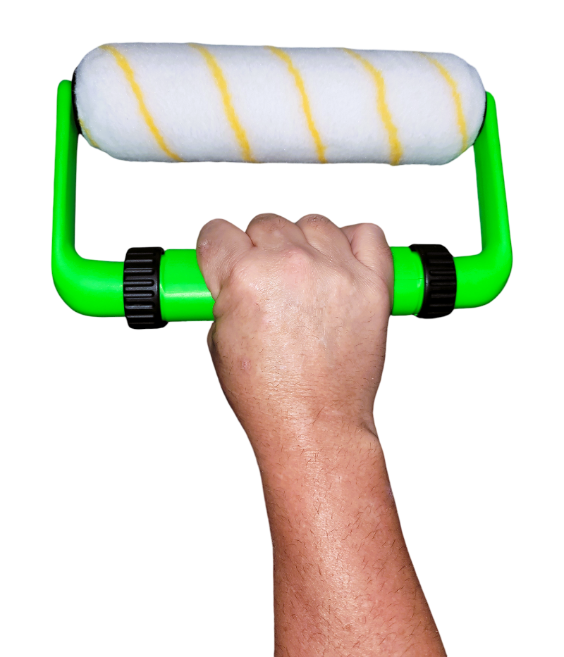 Hand holding a green paint roller with a white roller sleeve on a white background
